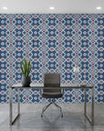 Cosmic Chain blue and red geometric dot bandhani wallpaper as a feature wall in a bright home office