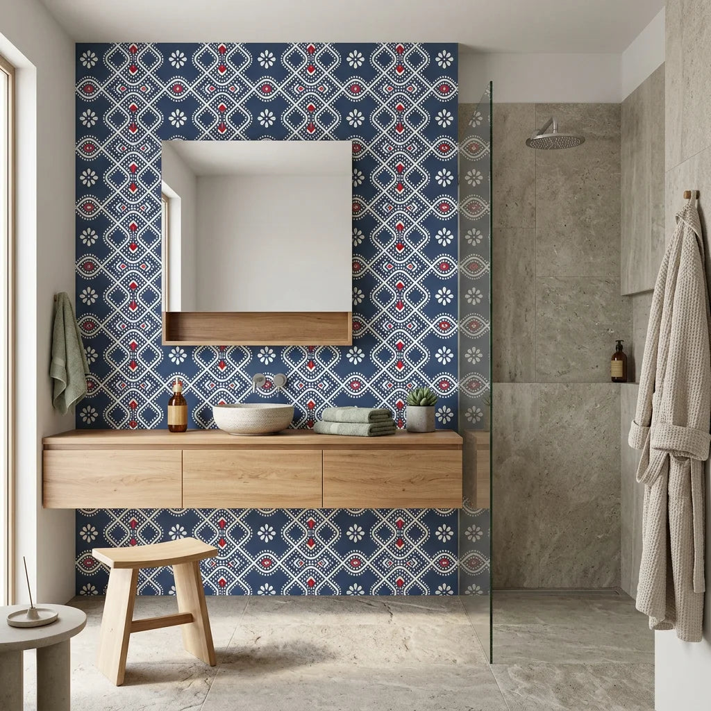 Cosmic Chain blue and red geometric dot bandhani wallpaper creating ambiance in a serene bathroom