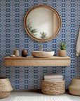 Navy blue and red geometric patterned dotted wallpaper, described as Bandhani style, called Cosmic Chain