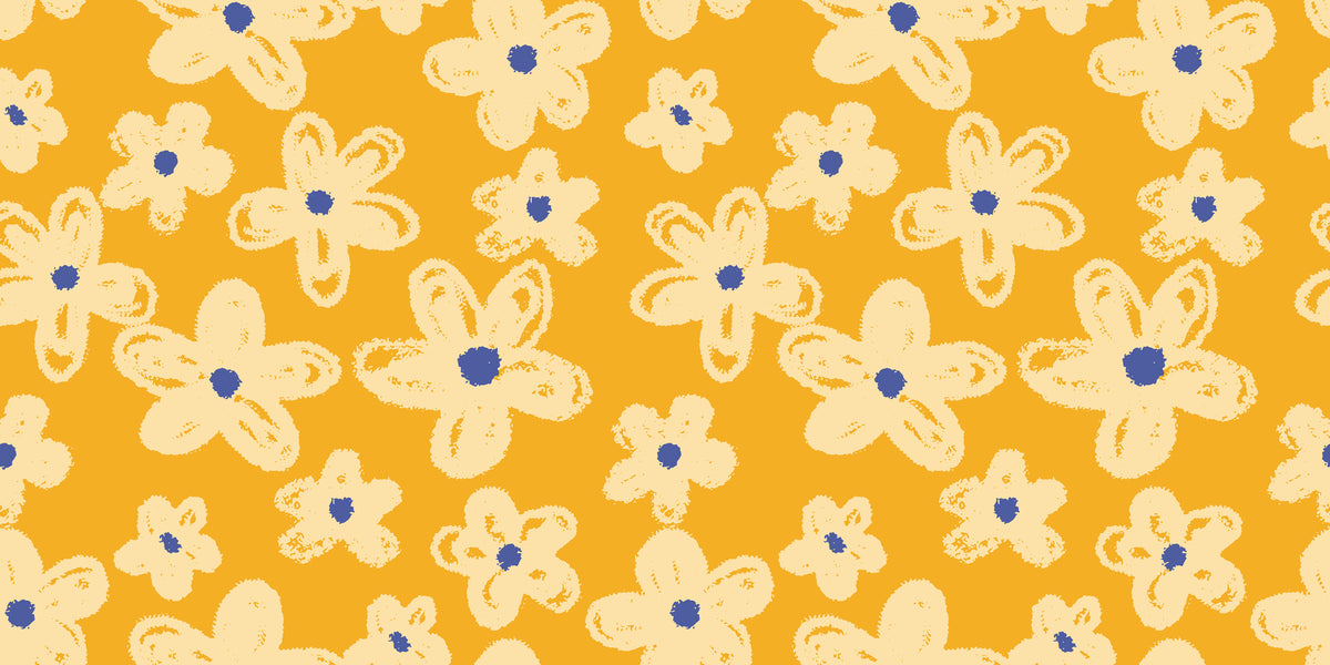 Cheerful ochre wallcovering featuring an outlined floral design in cream, known as Cosmic Bloom