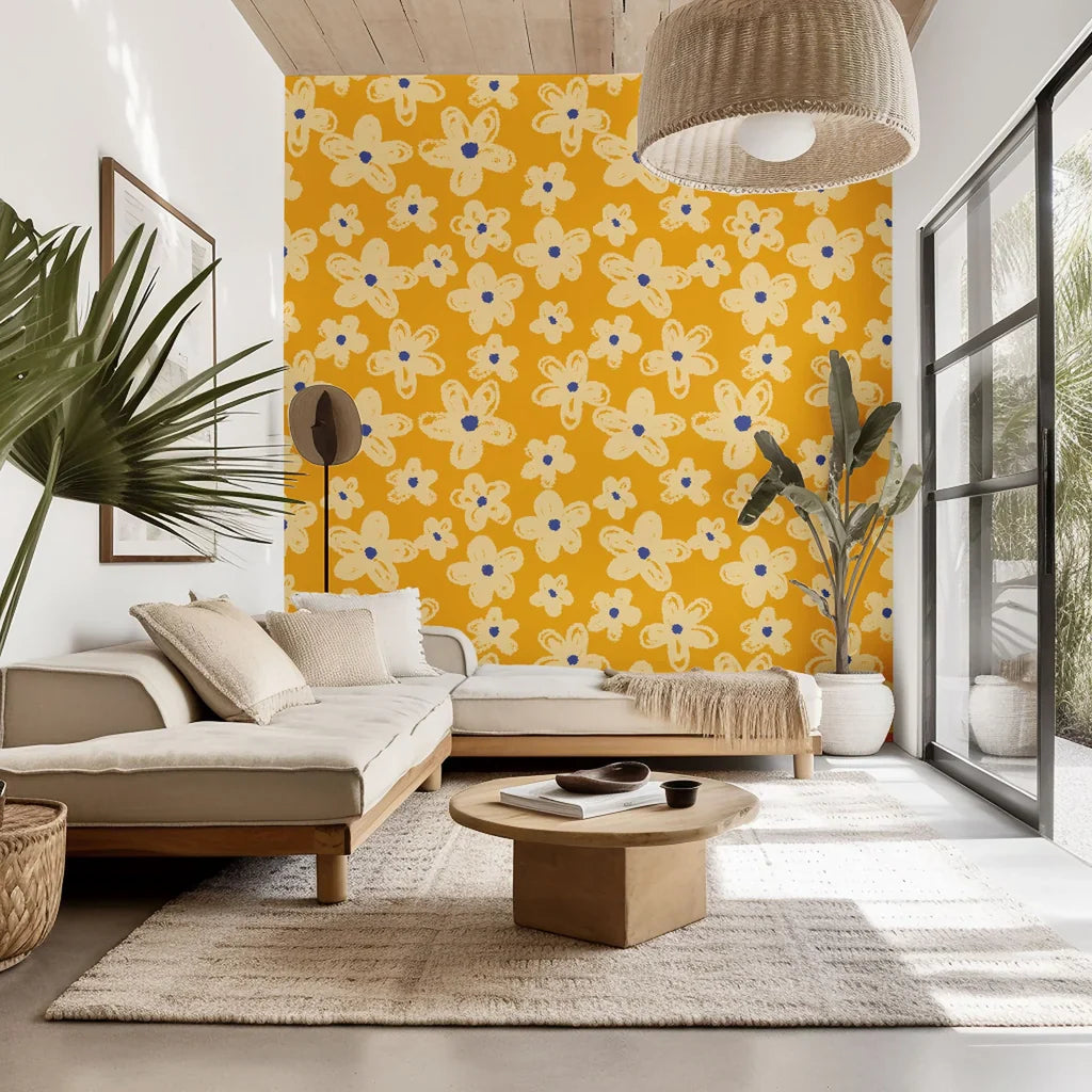 A mustard yellow wallpaper featuring a cream sketched floral design, known as Cosmic Bloom