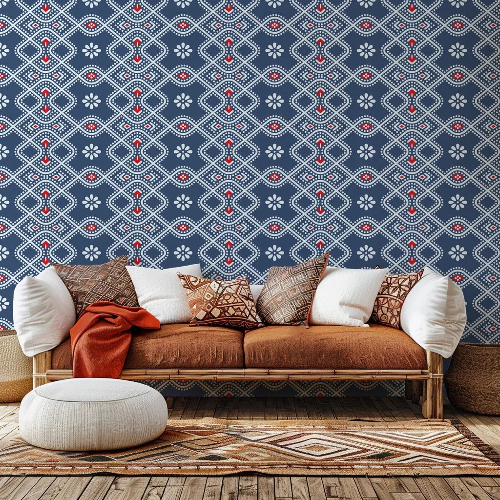 A wall covering in navy blue and red, featuring a Bandhani-style dotted geometric design, known as "Cosmic Chain"