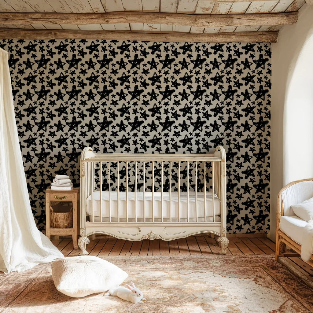 Removable wallpaper featuring a minimalist white background with black hand-drawn star details - Cosmic Dust