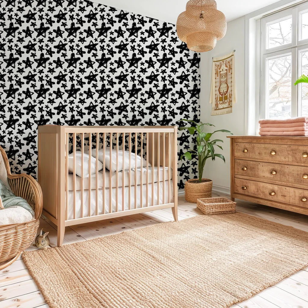 Monochrome peel and stick wall mural with a matte finish and artistic black stars - Cosmic Dust