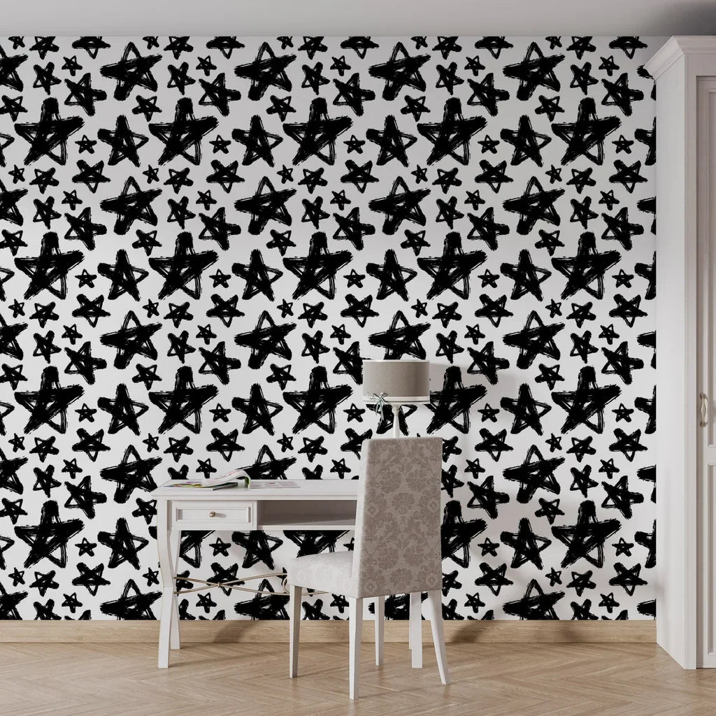 Hand-sketched black celestial motifs on a matte white adhesive wall covering - Cosmic Dust