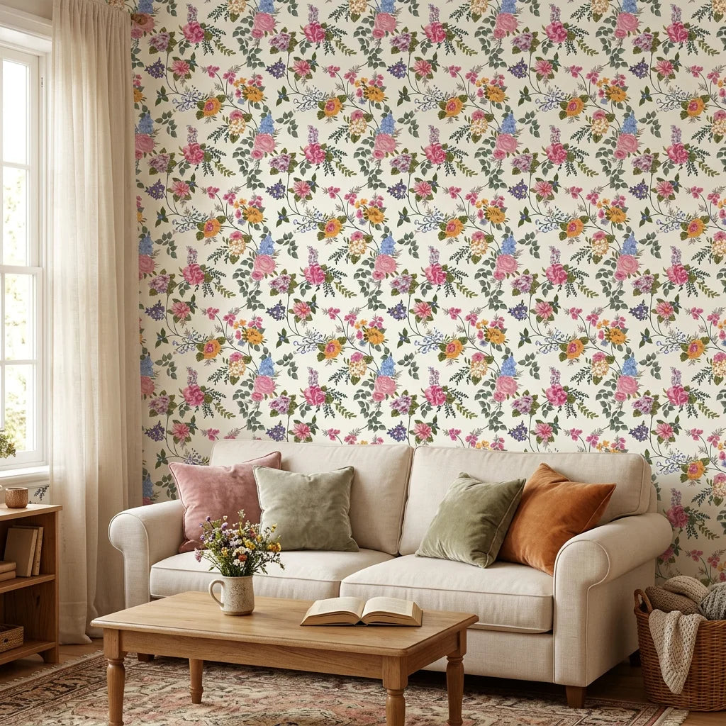 Smooth floral pink and blue cottage peel and stick wallpaper - Cottage Scatter