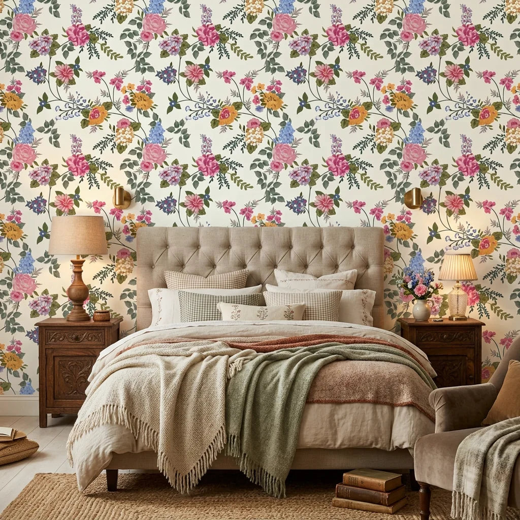 Cottage Scatter pink and blue floral peel and stick wallpaper in a warm and inviting living room