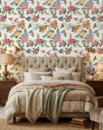 Cottage Scatter pink and blue floral peel and stick wallpaper in a warm and inviting living room