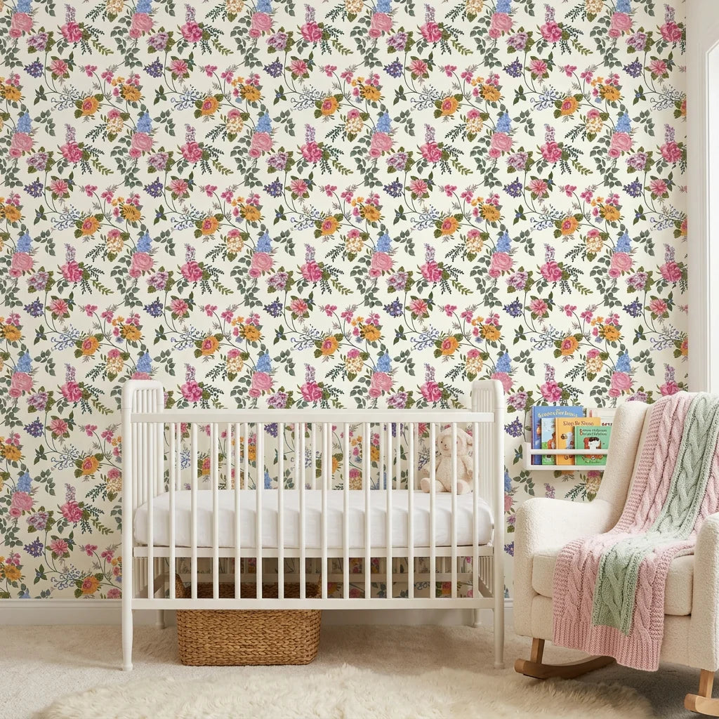 Cottage Scatter pink and blue floral peel and stick wallpaper adding character to a cozy bedroom