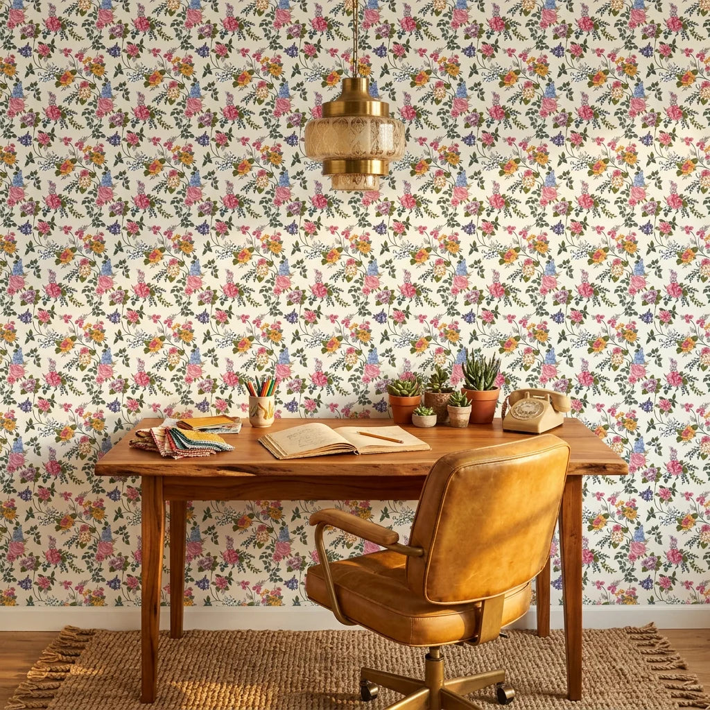 Cottage Scatter pink and blue floral peel and stick wallpaper as a feature wall in a bright home office
