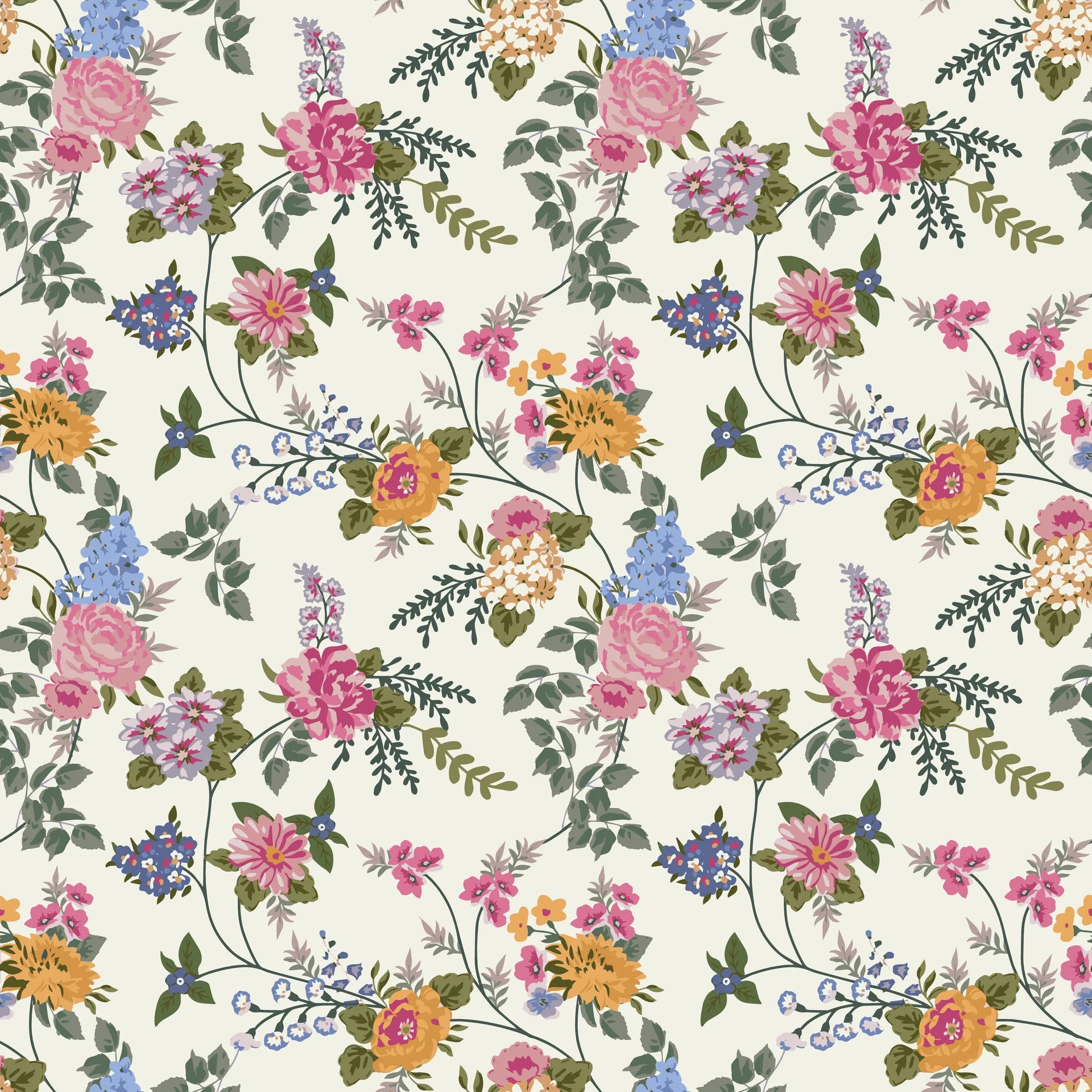 Cottage Scatter pink and blue floral peel and stick wallpaper creating ambiance in a serene bathroom