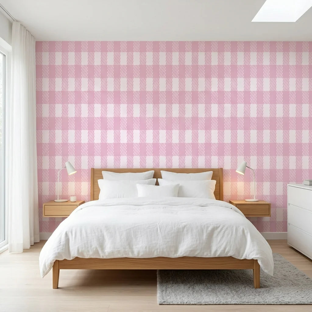 Cotton Candy pink gingham wallpaper adding character to a cozy bedroom