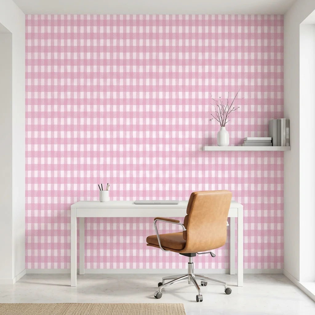 Cotton Candy pink gingham wallpaper as a feature wall in a bright home office