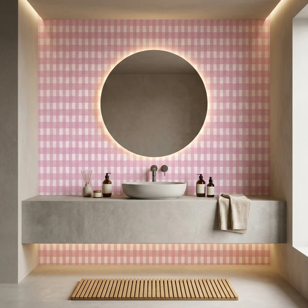 Cotton Candy pink gingham wallpaper creating ambiance in a serene bathroom