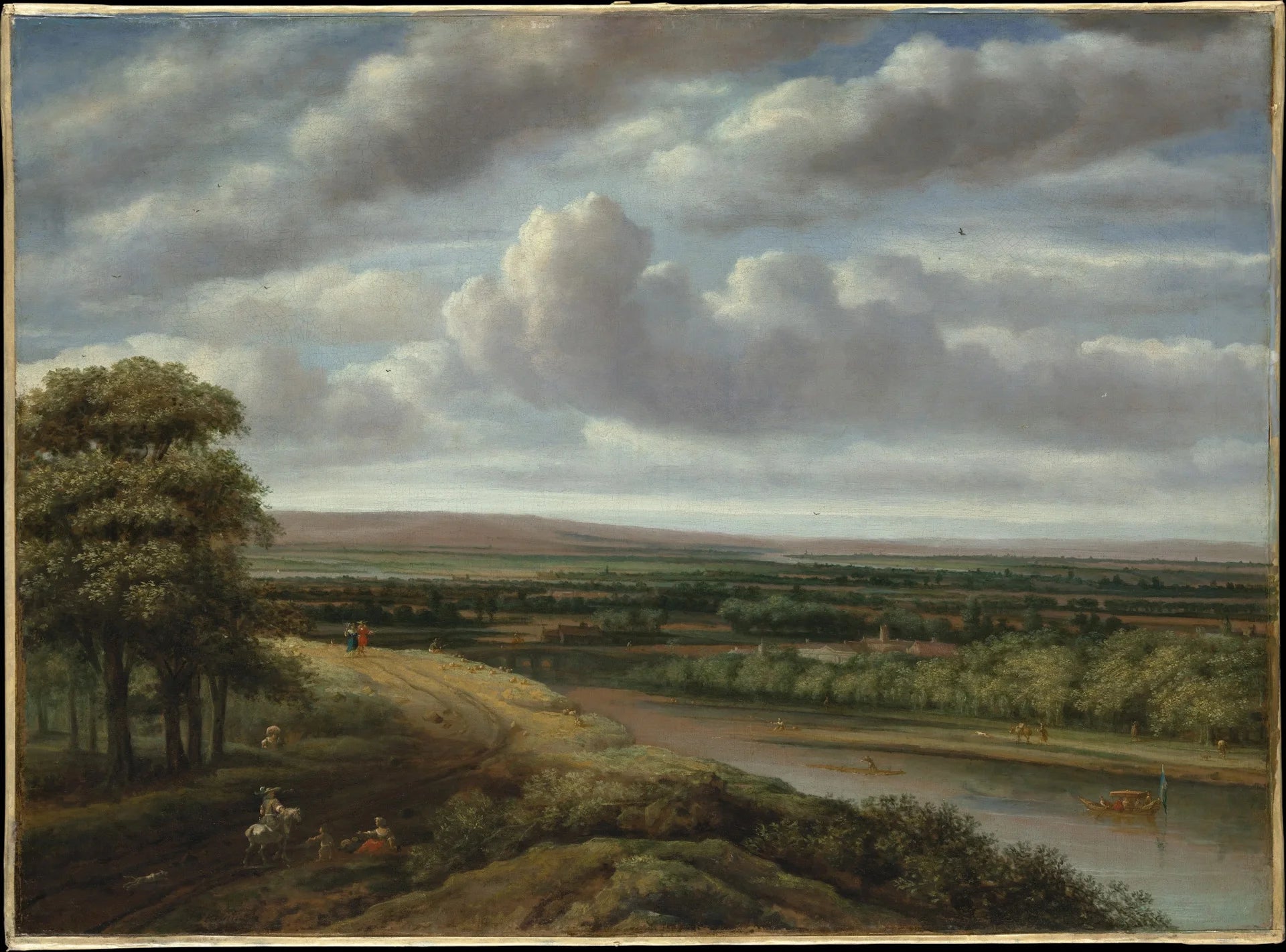 Dutch landscape wallpaper featuring dramatic clouded sky over river valley with pastoral countryside scene