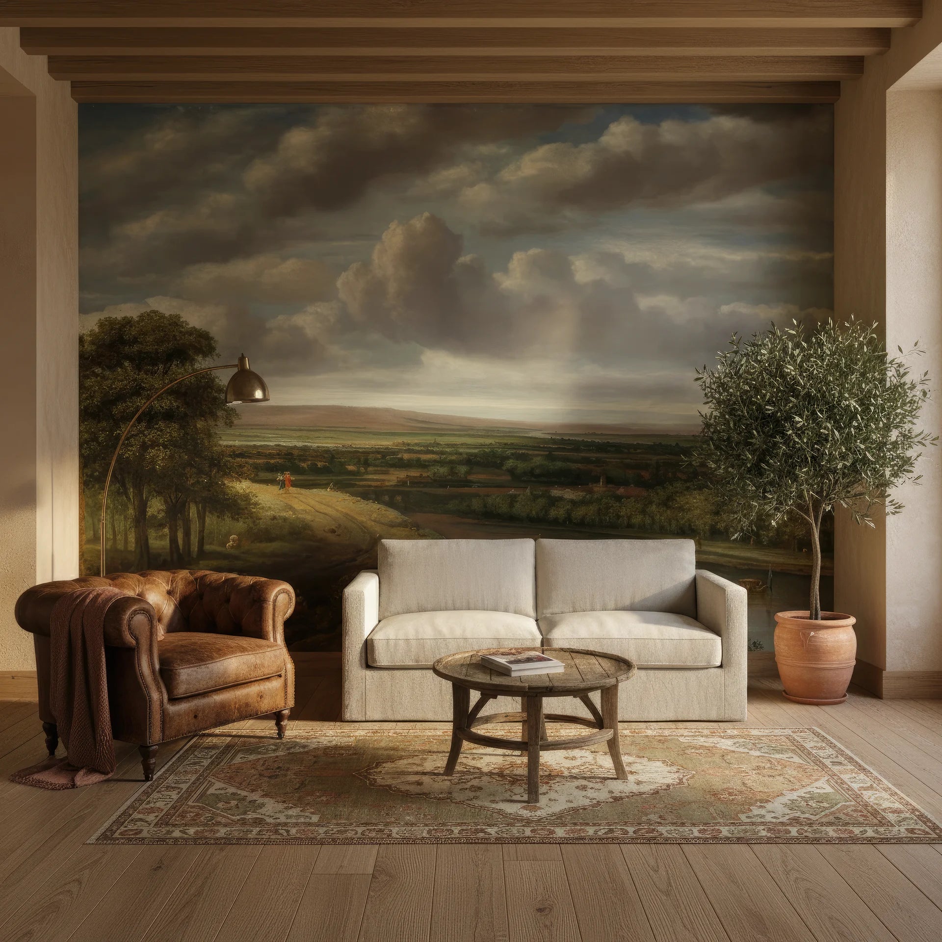 Countryside at Dusk mural wallpaper featuring pastoral landscape with dramatic cloudy skies in living room