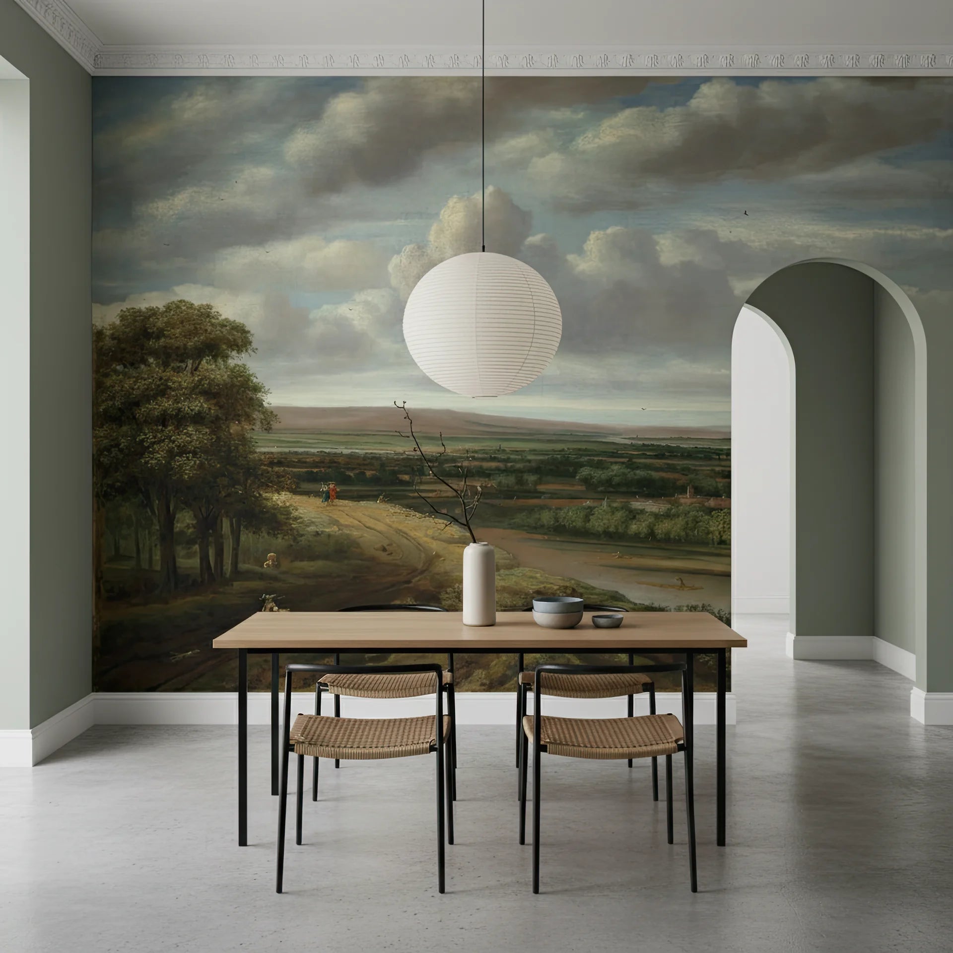 Classical landscape mural wallpaper Countryside at Dusk showing pastoral scene with dramatic clouds in dining room
