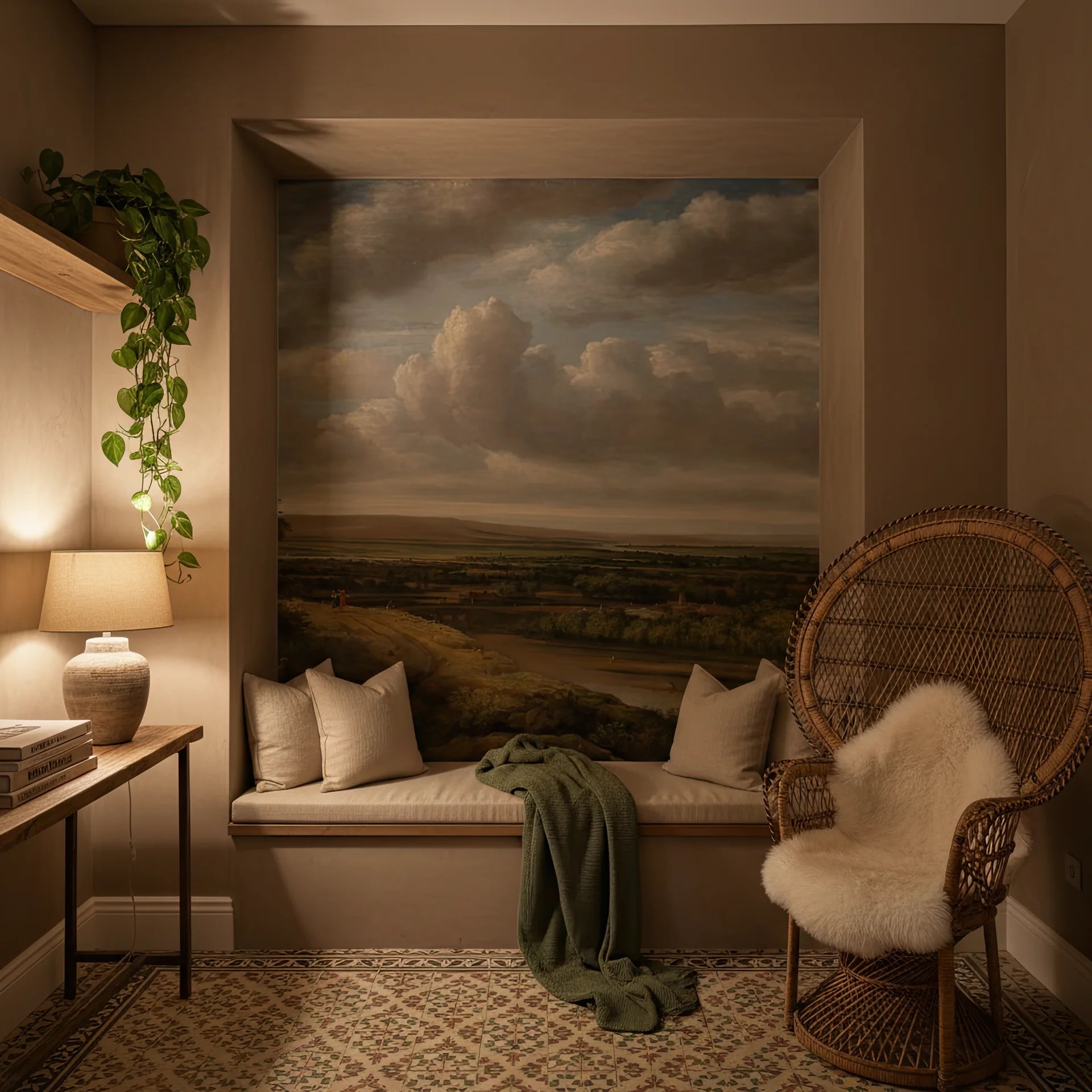 Countryside at Dusk landscape wallpaper featuring dramatic clouds over rolling hills in cozy reading nook