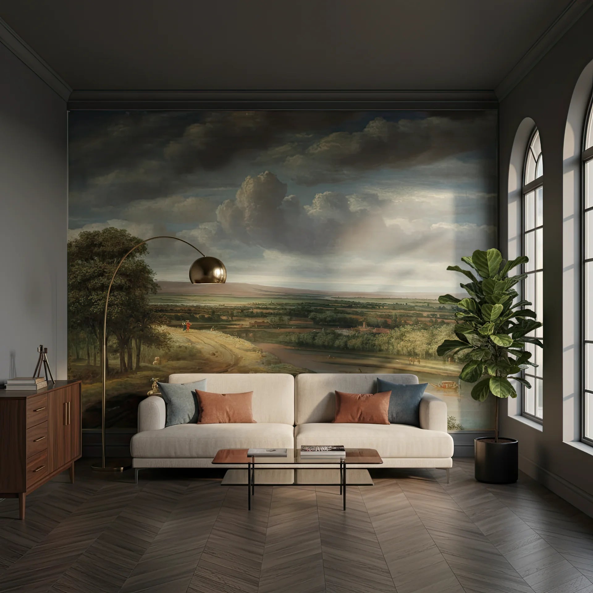 Countryside at Dusk landscape wallpaper mural with dramatic clouds and rolling hills in modern living room