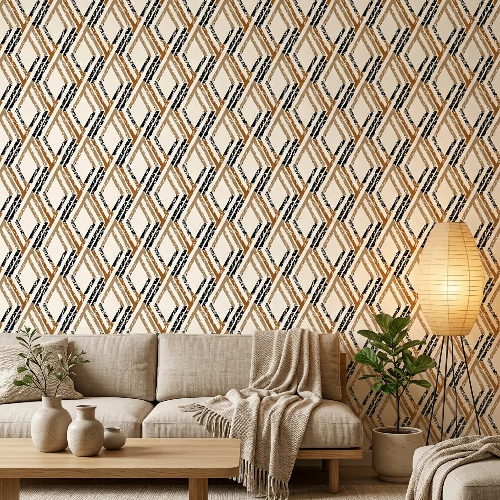 Cracked Facets neutral beige distressed diamond trellis wallpaper in a warm and inviting living room