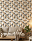 Cracked Facets neutral beige distressed diamond trellis wallpaper in a warm and inviting living room
