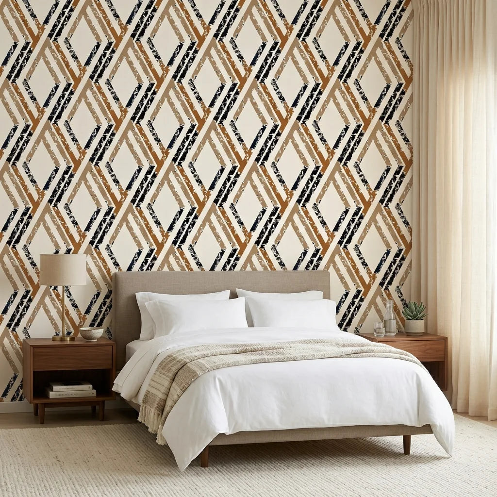 Cracked Facets neutral beige distressed diamond trellis wallpaper adding character to a cozy bedroom