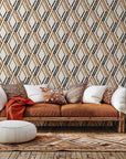 Cracked Facets wall covering featuring a distressed geometric diamond pattern in shades of rustic brown and black