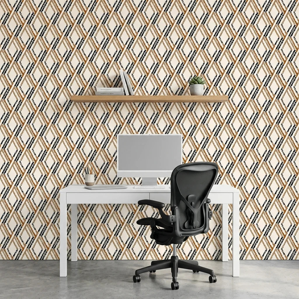 Cracked Facets neutral beige distressed diamond trellis wallpaper as a feature wall in a bright home office