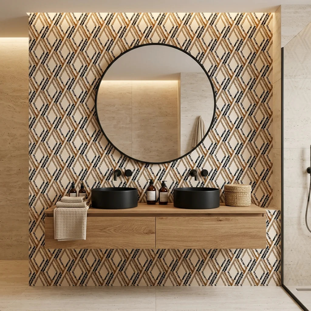 Cracked Facets neutral beige distressed diamond trellis wallpaper creating ambiance in a serene bathroom