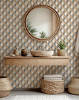 Aged, rustic geometric wallpaper with a distressed diamond pattern in rich brown and black hues