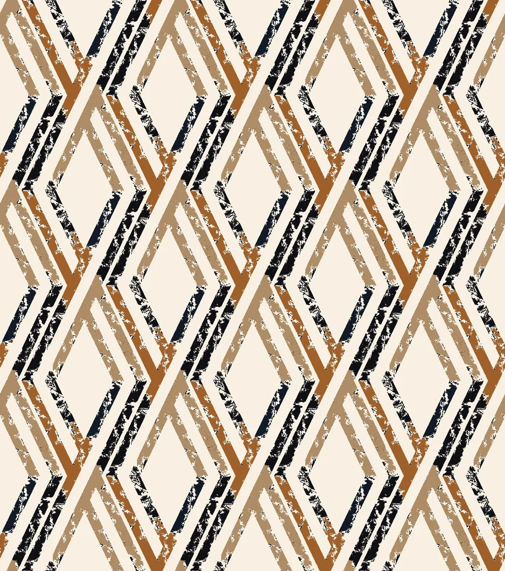 Distressed geometric wallpaper featuring a rustic brown and black diamond pattern, product name Cracked Facets