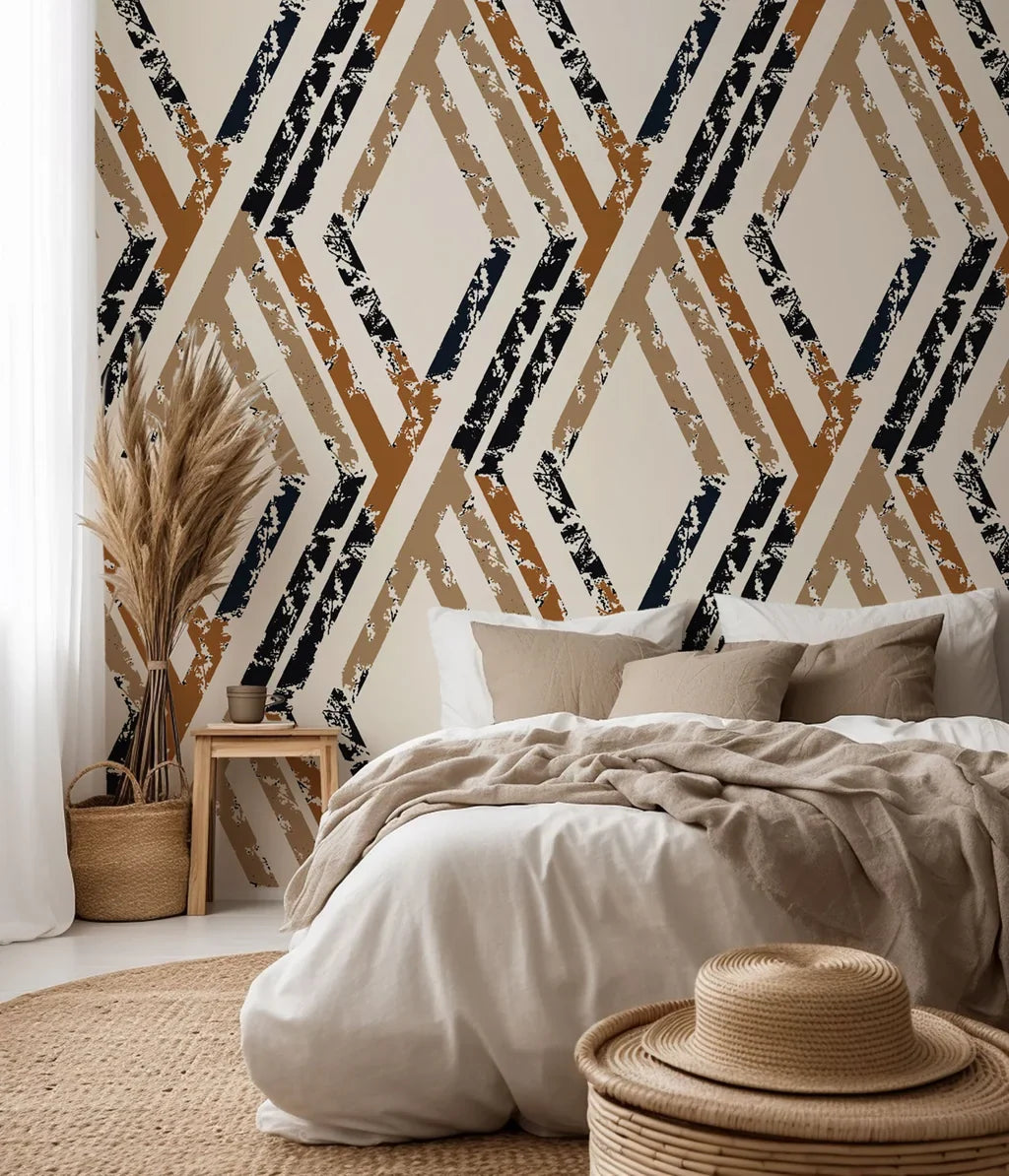 Weathered black and deep brown wallcovering featuring a distressed geometric diamond pattern, style Cracked Facets