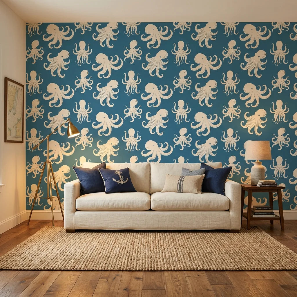 Cresting Wave vibrant teal octopus wallpaper in a warm and inviting living room