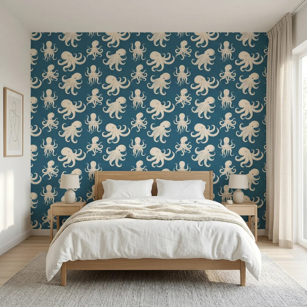 Cresting Wave vibrant teal octopus wallpaper adding character to a cozy bedroom