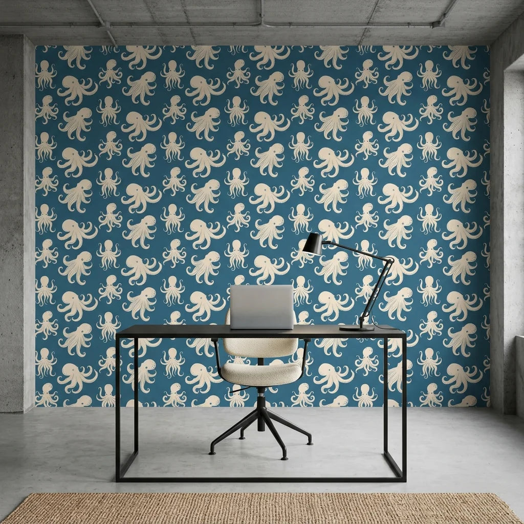 Cresting Wave vibrant teal octopus wallpaper as a feature wall in a bright home office
