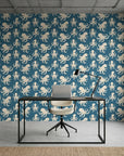 Cresting Wave vibrant teal octopus wallpaper as a feature wall in a bright home office