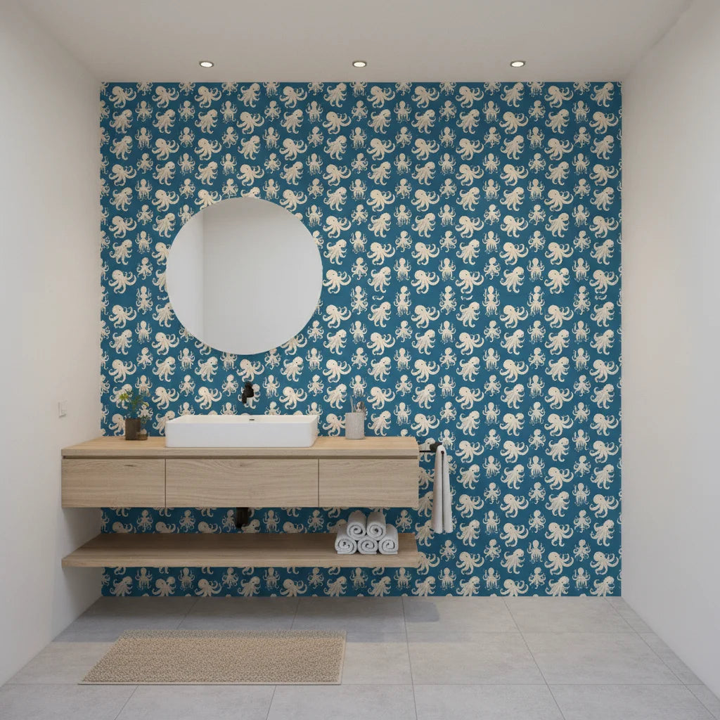 Cresting Wave vibrant teal octopus wallpaper creating ambiance in a serene bathroom