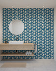 Cresting Wave vibrant teal octopus wallpaper creating ambiance in a serene bathroom