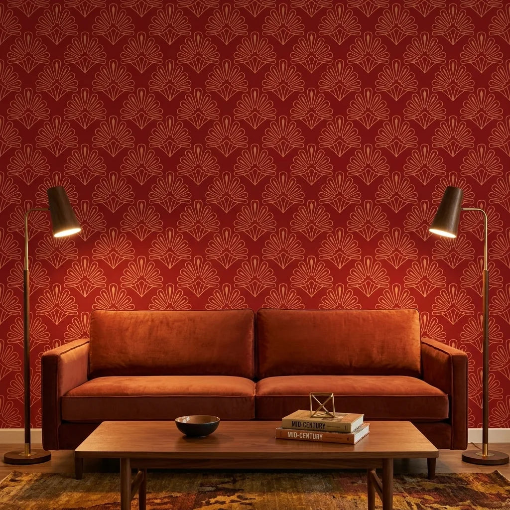 Crimson Bloom bold red botanical mural wallpaper creating ambiance in a serene bathroom