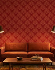 Crimson Bloom bold red botanical mural wallpaper creating ambiance in a serene bathroom