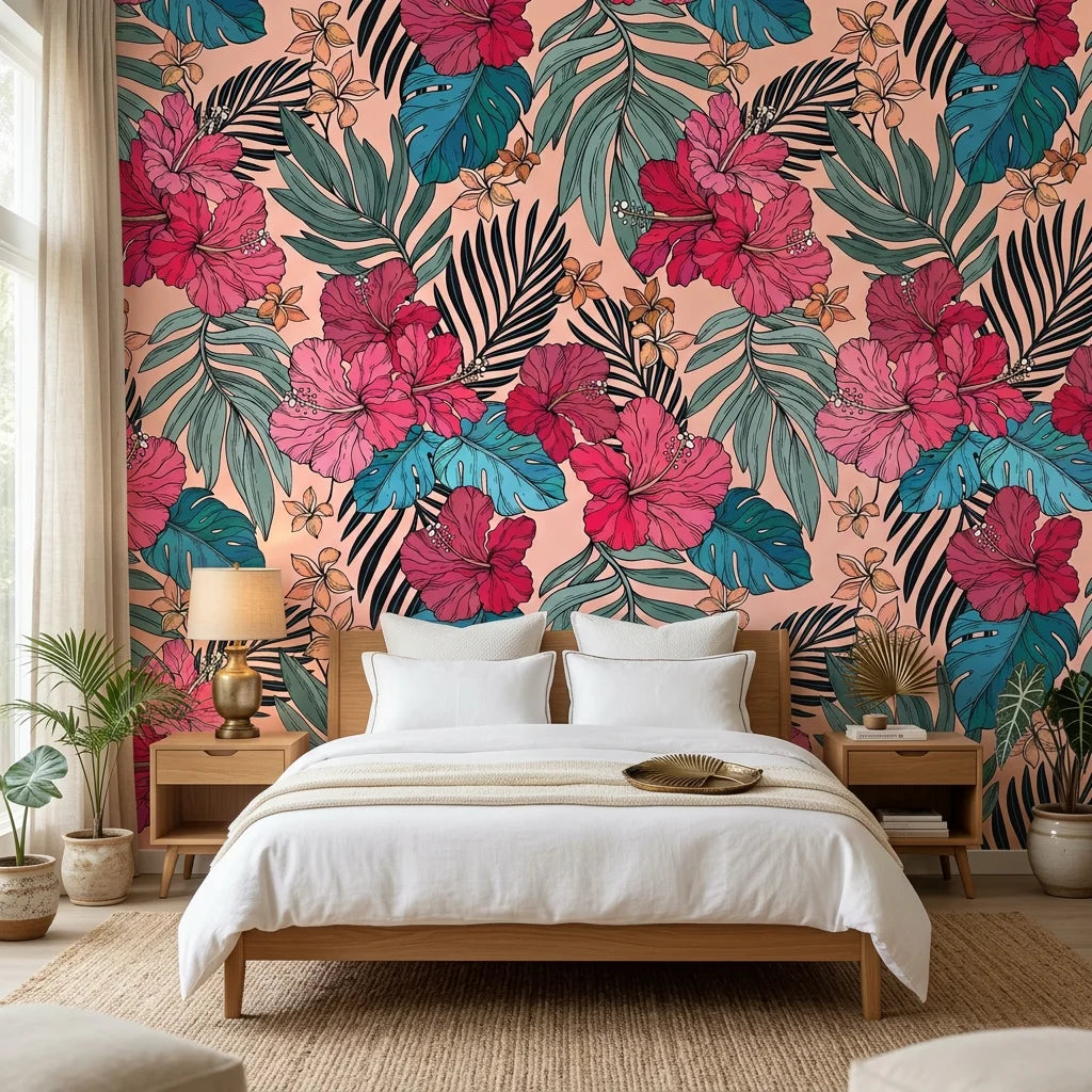Crimson Bloom red floral wallpaper adding character to a cozy bedroom