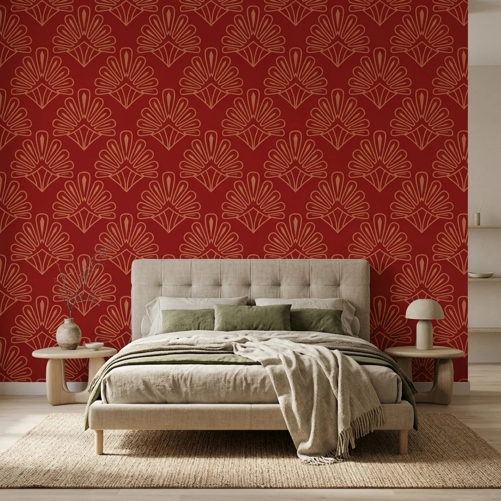 Crimson Bloom bold red botanical mural wallpaper in a warm and inviting living room
