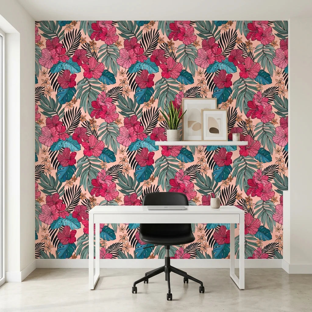 Crimson Bloom red floral wallpaper as a feature wall in a bright home office