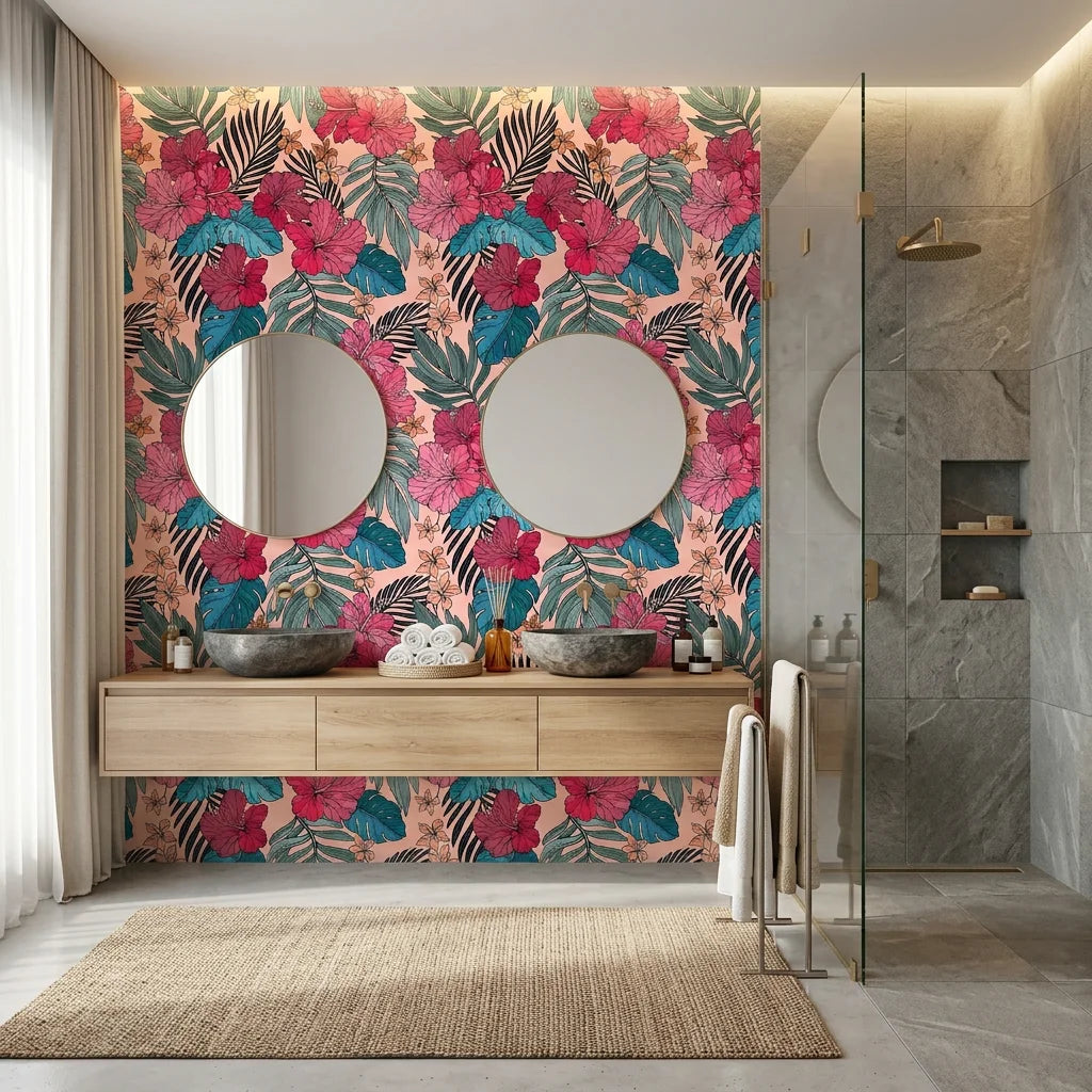 Crimson Bloom red floral wallpaper creating ambiance in a serene bathroom