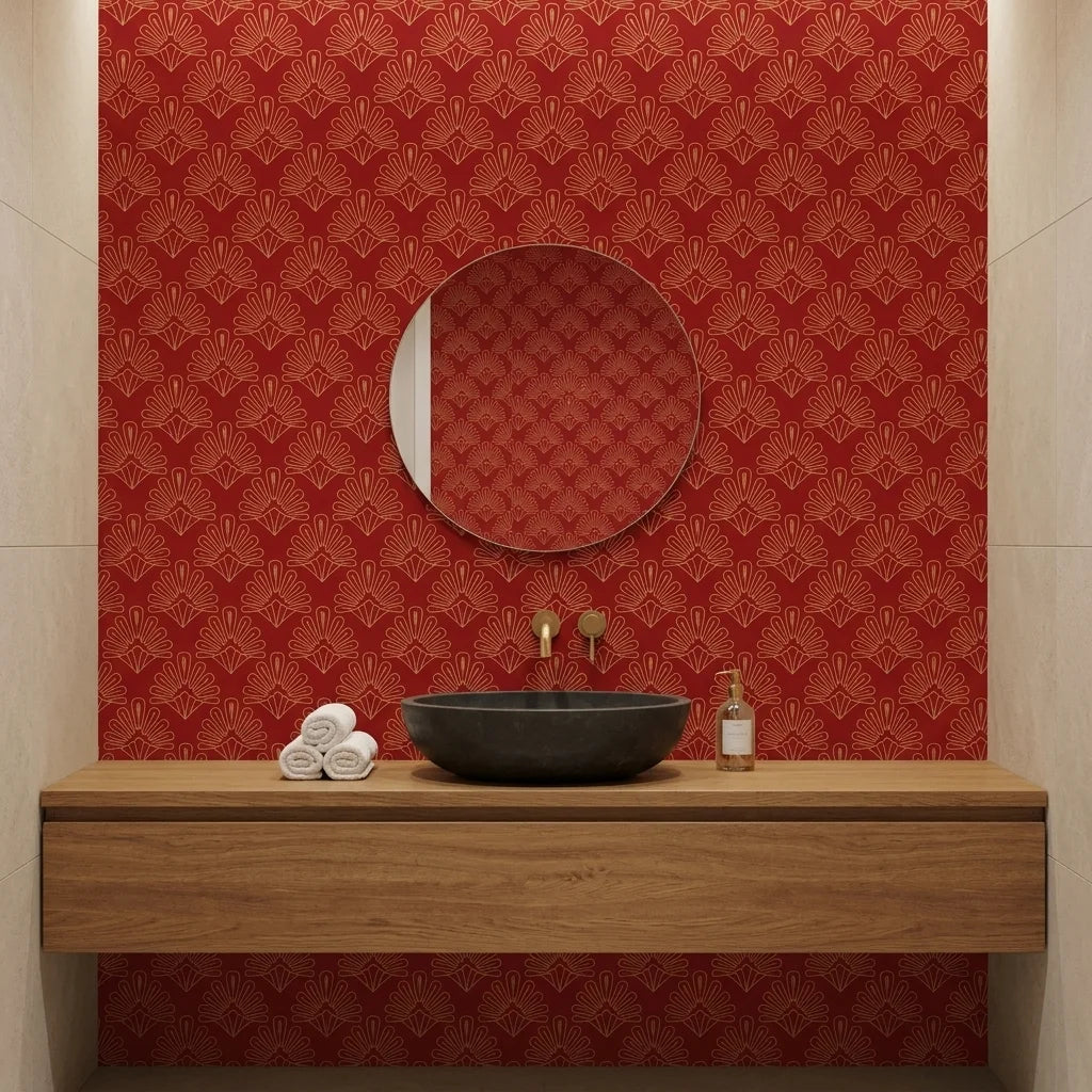 Crimson Bloom bold red botanical mural wallpaper as a feature wall in a bright home office