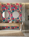 Crimson Bloom red floral wallpaper creating ambiance in a serene bathroom