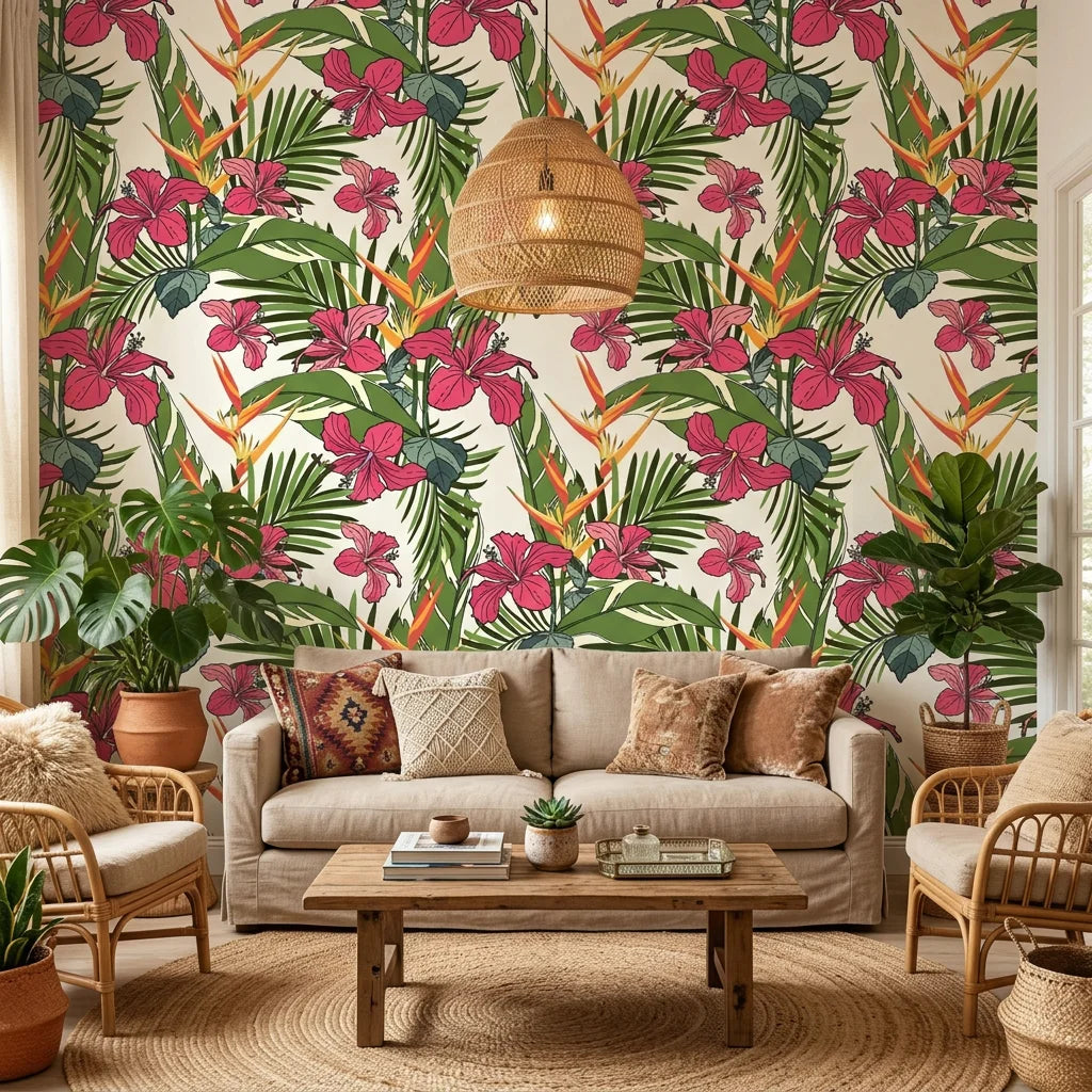 Crimson Breeze red leaf wallpaper in a warm and inviting living room