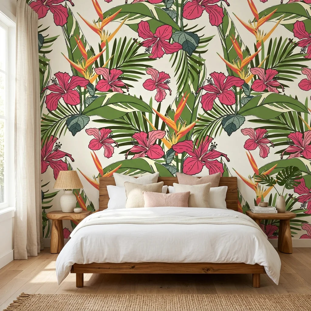 Crimson Breeze red leaf wallpaper adding character to a cozy bedroom