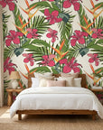 Crimson Breeze red leaf wallpaper adding character to a cozy bedroom