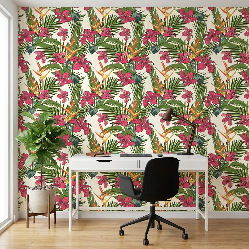 Crimson Breeze red leaf wallpaper as a feature wall in a bright home office